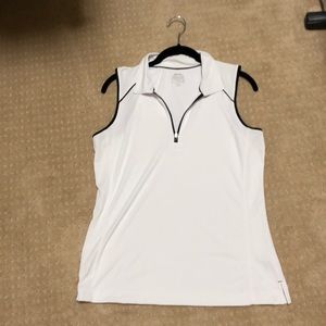 White sleeveless golf shirt